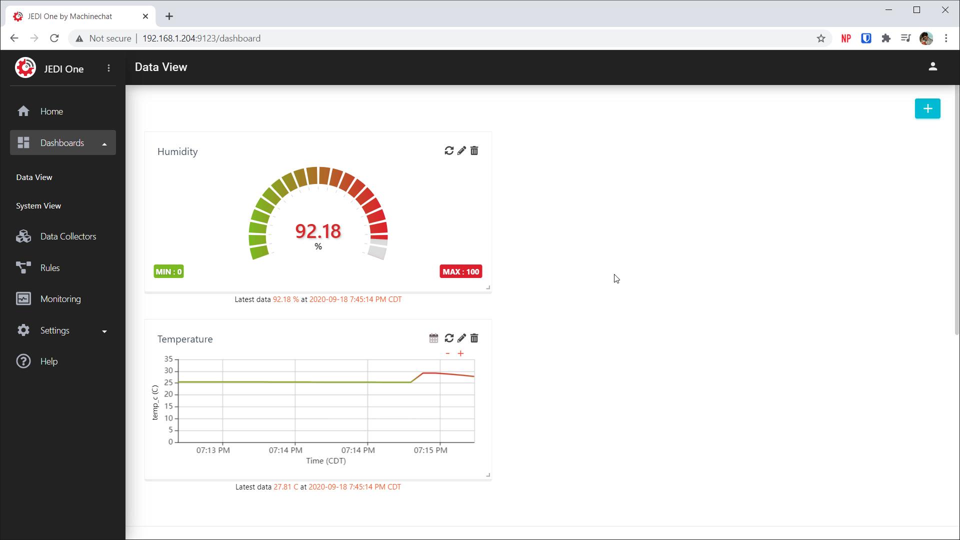 Temperature and humidity IoT data in Jedi One